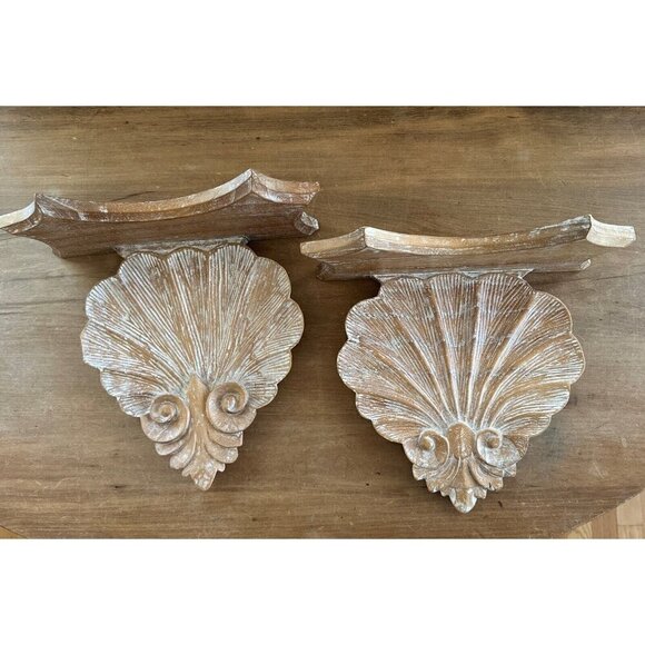 Pair of Carved Acanthus Leaf Solid Wood Wall Mounted Shelves Made in Indonesia - Picture 1 of 11
